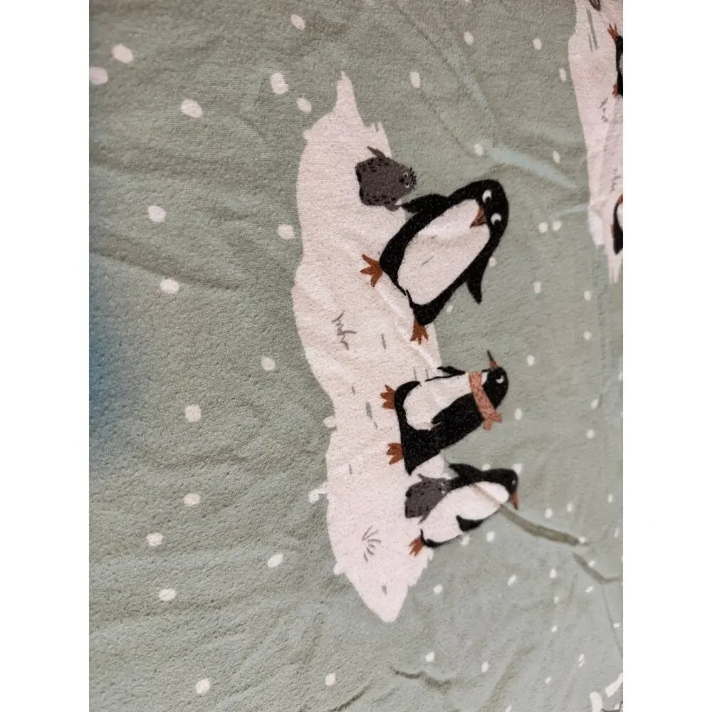 True North Playful Holiday Winter Penguins Mint Green Cotton Flannel Duvet Set